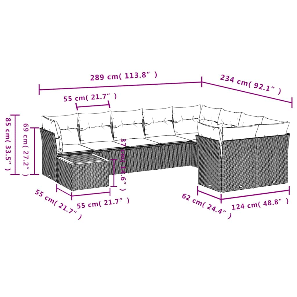 10-dijelni set vrtnih sofa s jastucima crni od poliratana