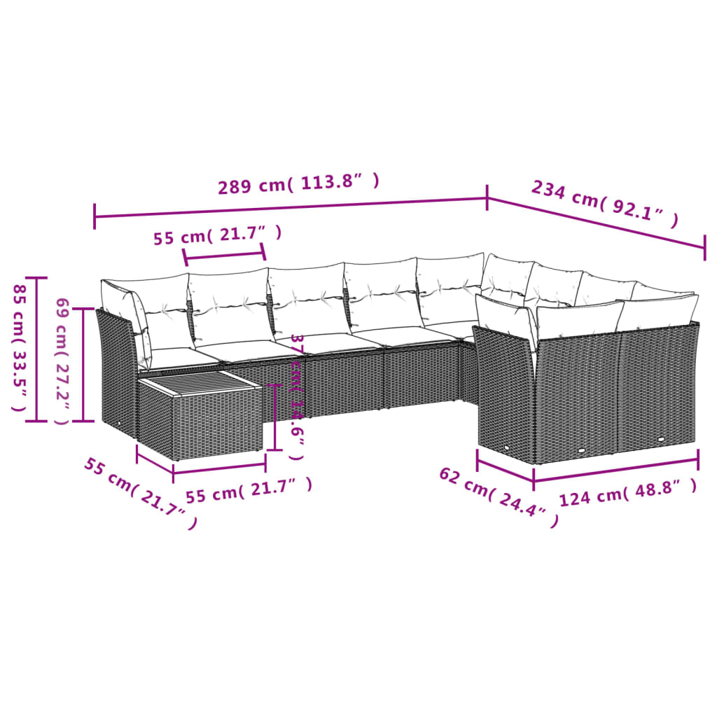 10-dijelni set vrtnih sofa od poliratana s jastucima sivi