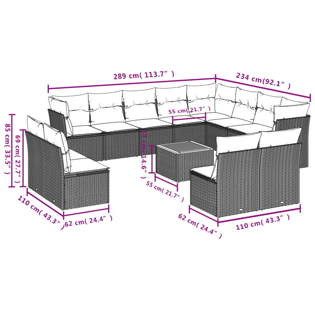 13-dijelni set vrtnih sofa s jastucima poliratan crni