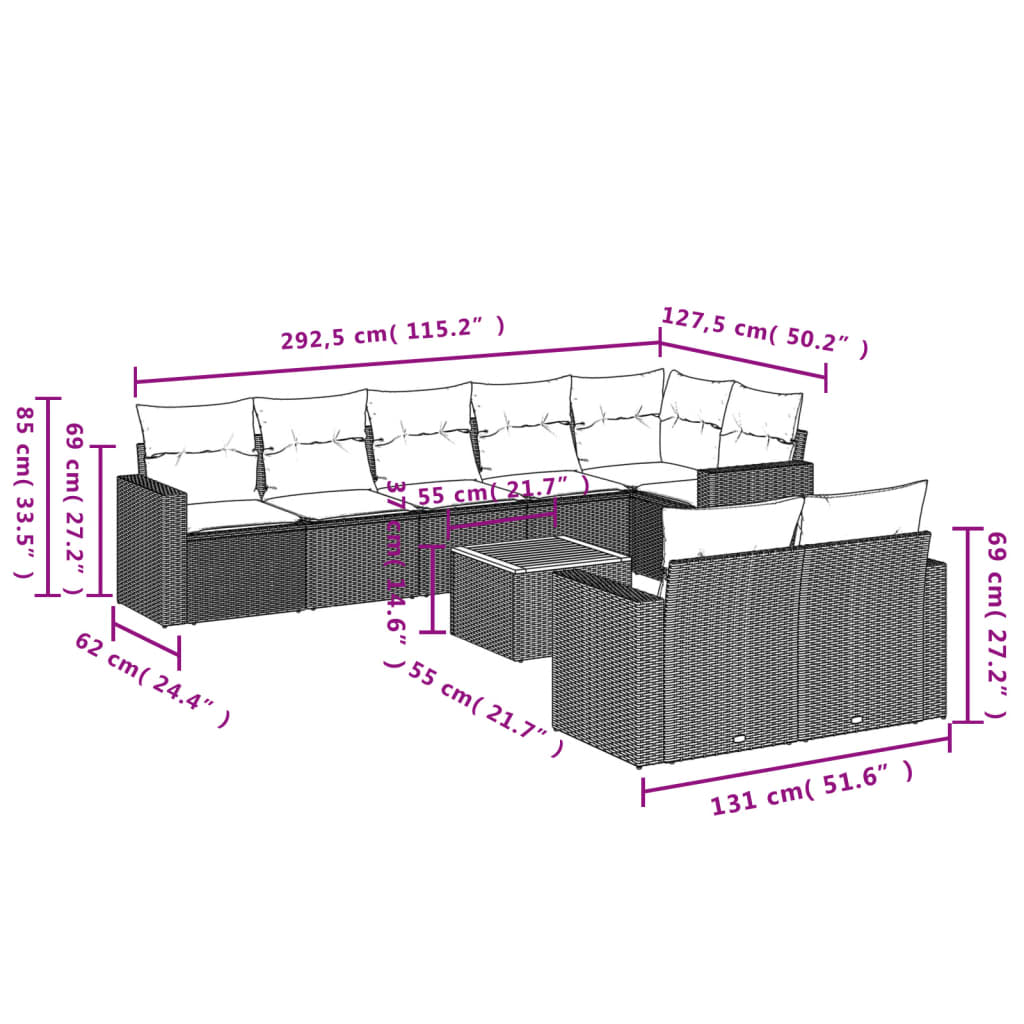 9-dijelni set vrtnih sofa s jastucima crni od poliratana