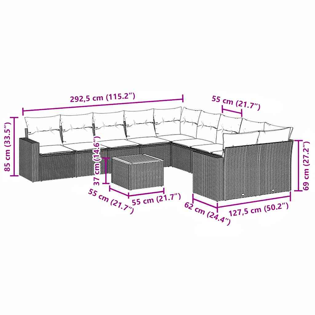 11-dijelni set vrtnih sofa od poliratana s jastucima sivi