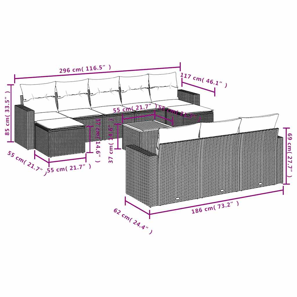 11-dijelni set vrtnih sofa od poliratana s jastucima crni