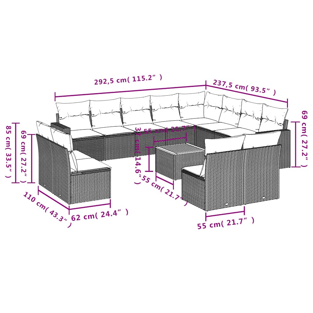 13-dijelni set vrtnih sofa od poliratana s jastucima sivi