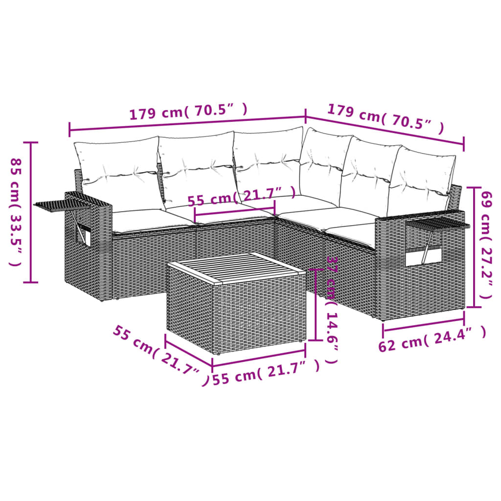 6-dijelni set vrtnih sofa s jastucima crni od poliratana
