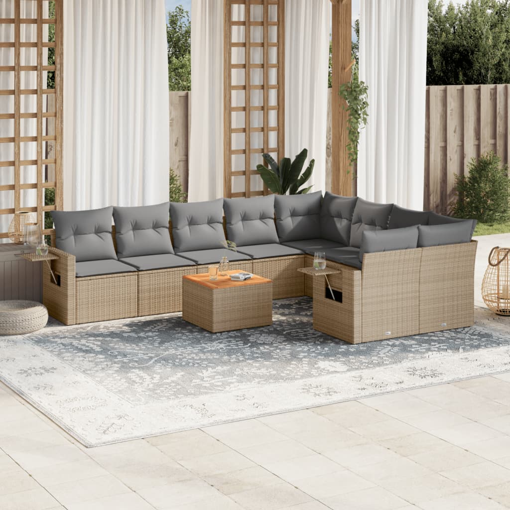 10-dijelni set vrtnih sofa s jastucima bež od poliratana 65.5 x 62 x 69 cm