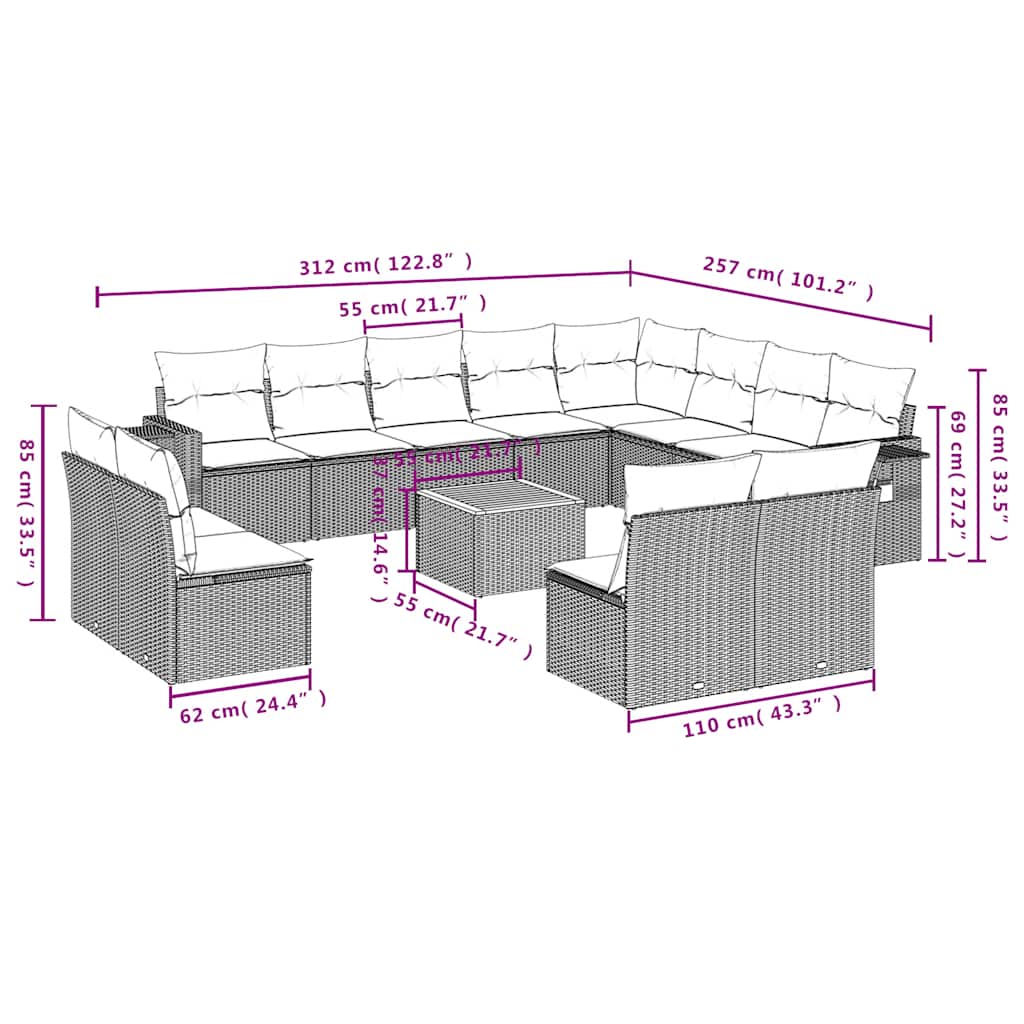 13-dijelni set vrtnih sofa s jastucima poliratan crni