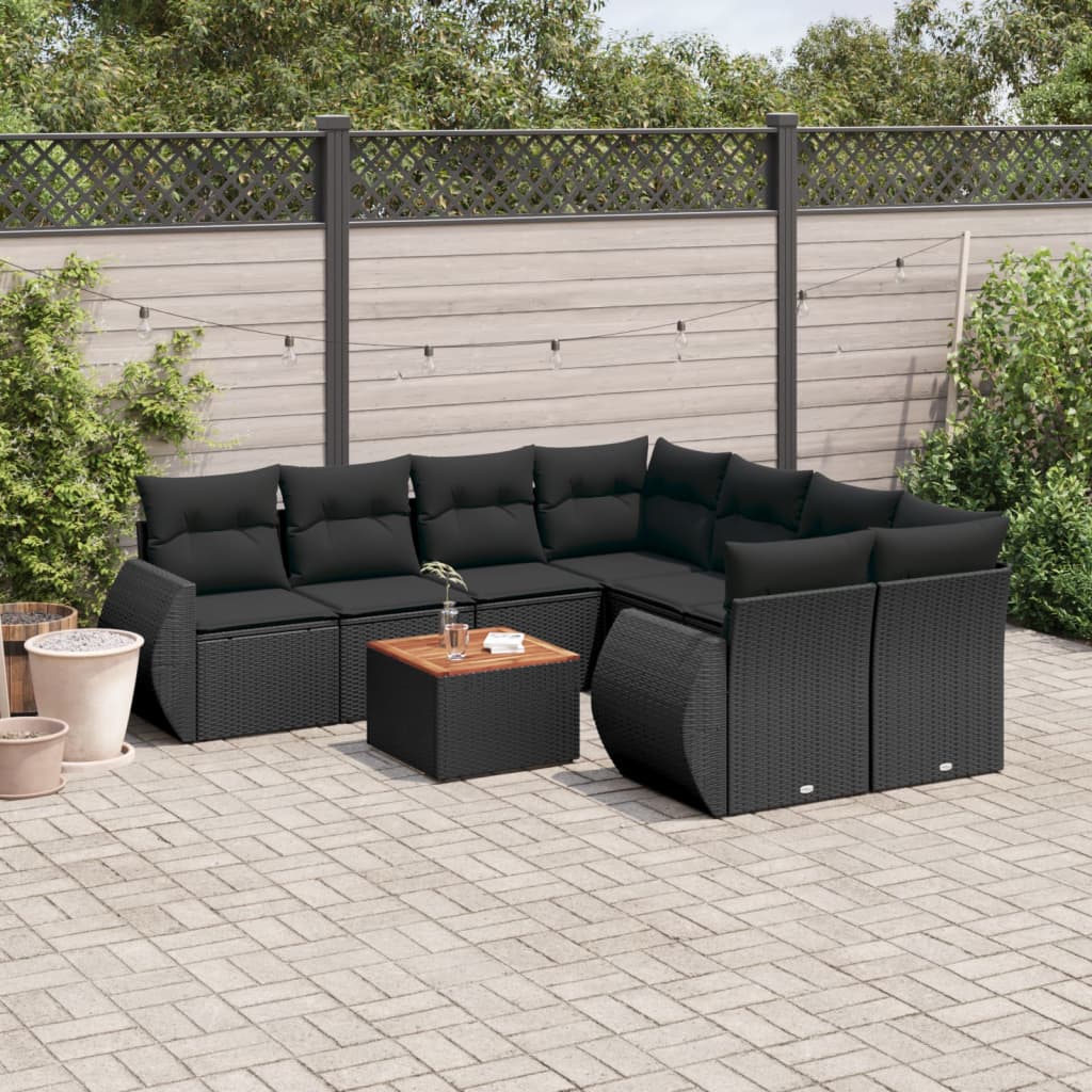 9-dijelni set vrtnih sofa s jastucima crni od poliratana Crna 70 x 62 x 69 cm