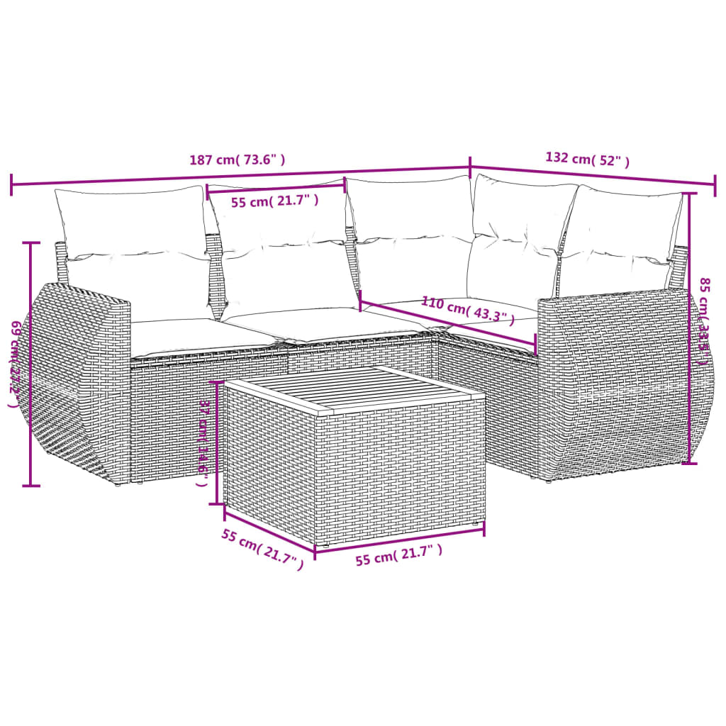 5-dijelni vrtni set sofa s jastucima bež od poliratana