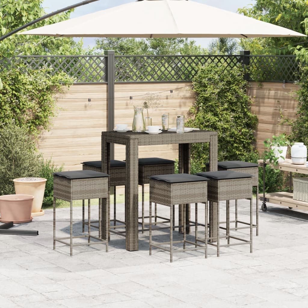 7-dijelni vrtni barski set s jastucima sivi od poliratana