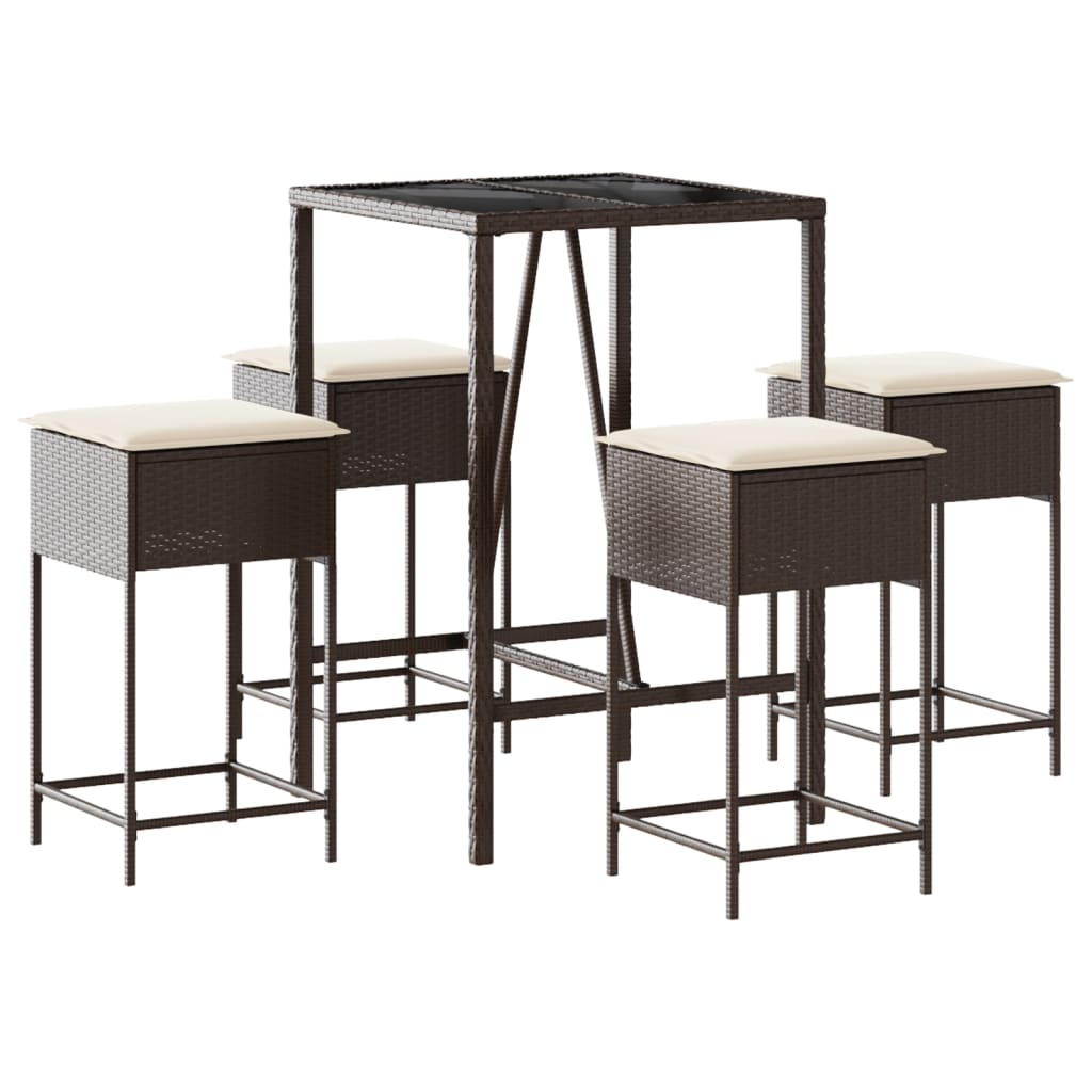 5-dijelni vrtni barski set od poliratana s jastucima smeđi