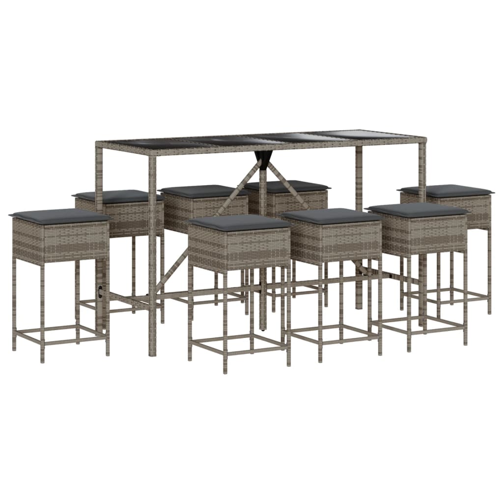 9-dijelni vrtni barski set s jastucima sivi od poliratana Siva 180 x 70 x 110 cm