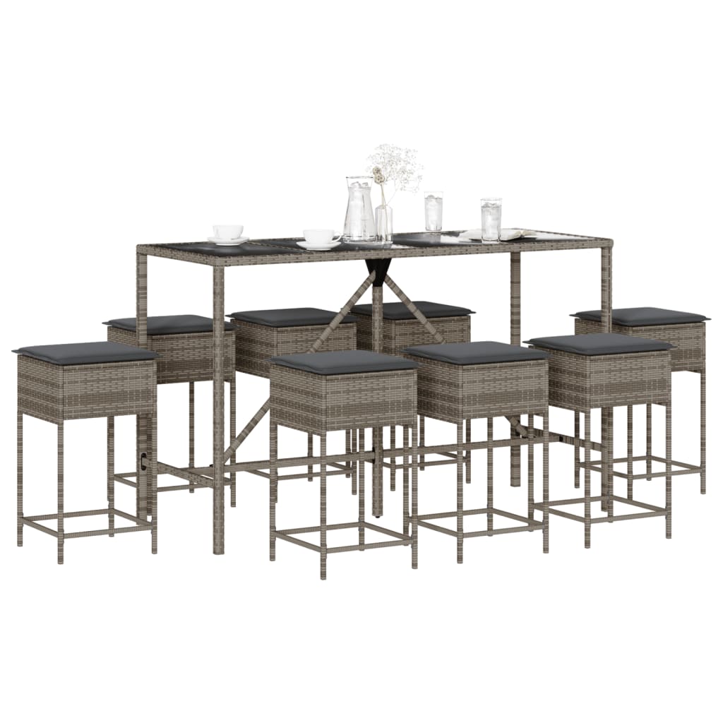 9-dijelni vrtni barski set s jastucima sivi od poliratana Siva 180 x 70 x 110 cm