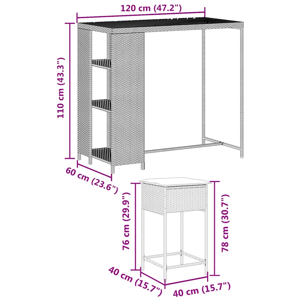 5-dijelni vrtni barski set od poliratana s jastucima crni