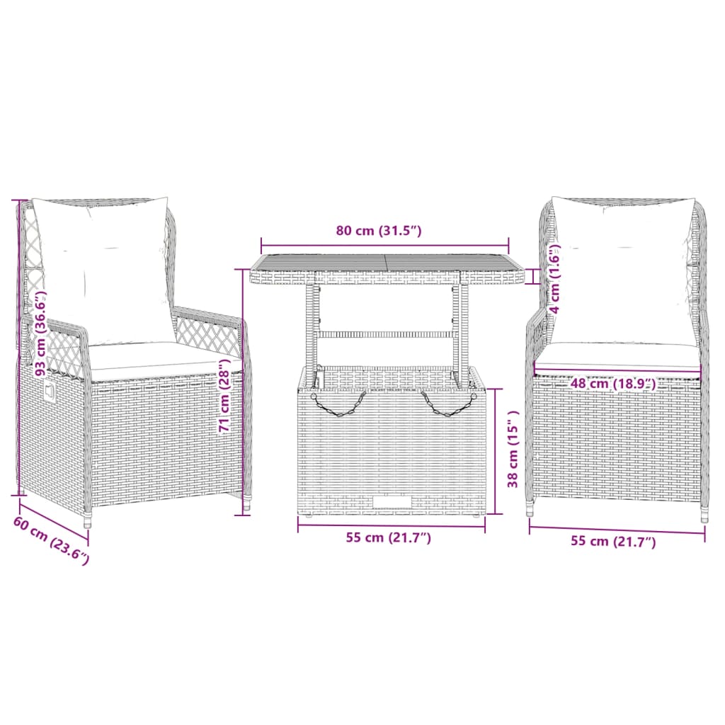 3-dijelni vrtni blagovaonski set sivi od poliratana