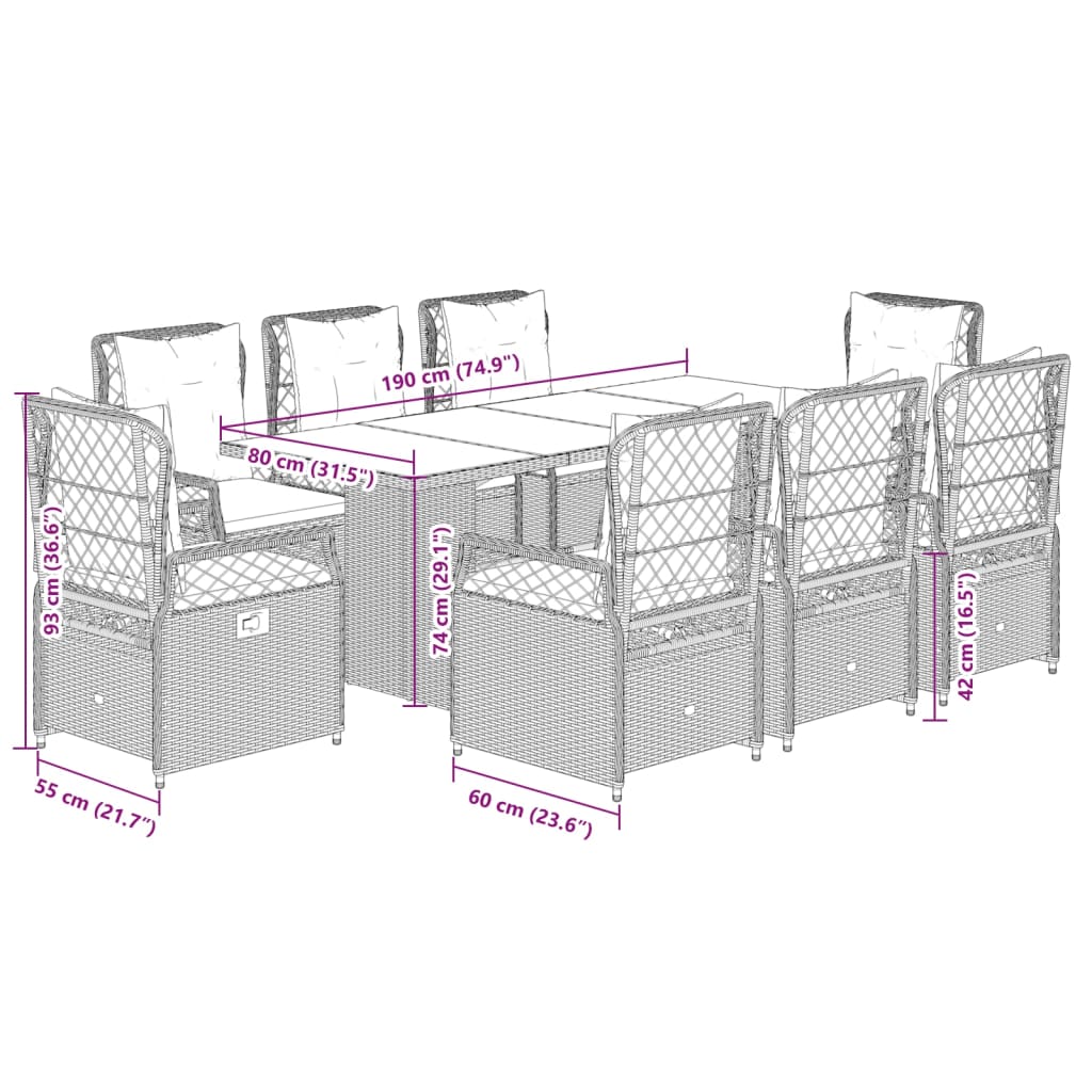 9-dijelni vrtni blagovaonski set od poliratana s jastucima bež