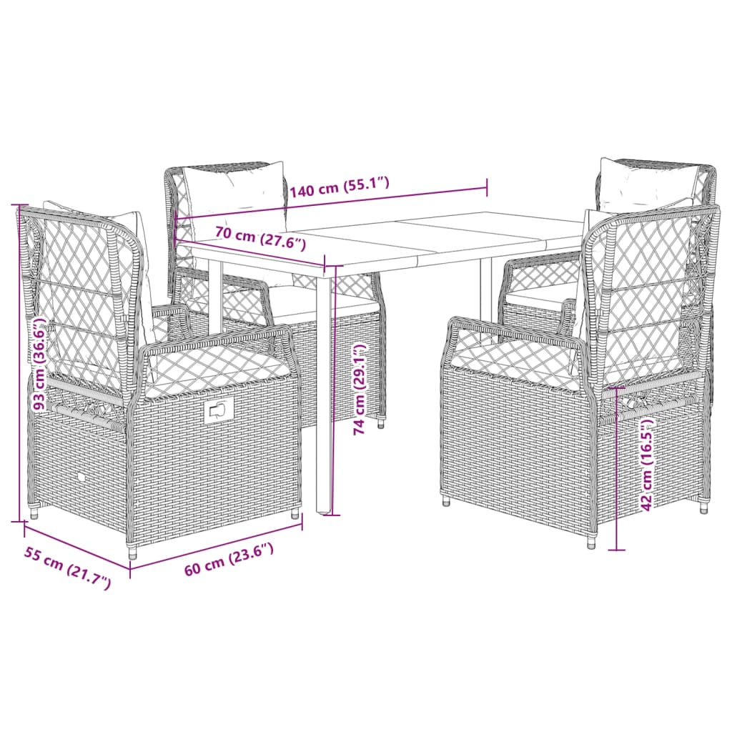 5-dijelni vrtni blagovaonski set sivi od poliratana Siva 140 x 70 x 74 cm