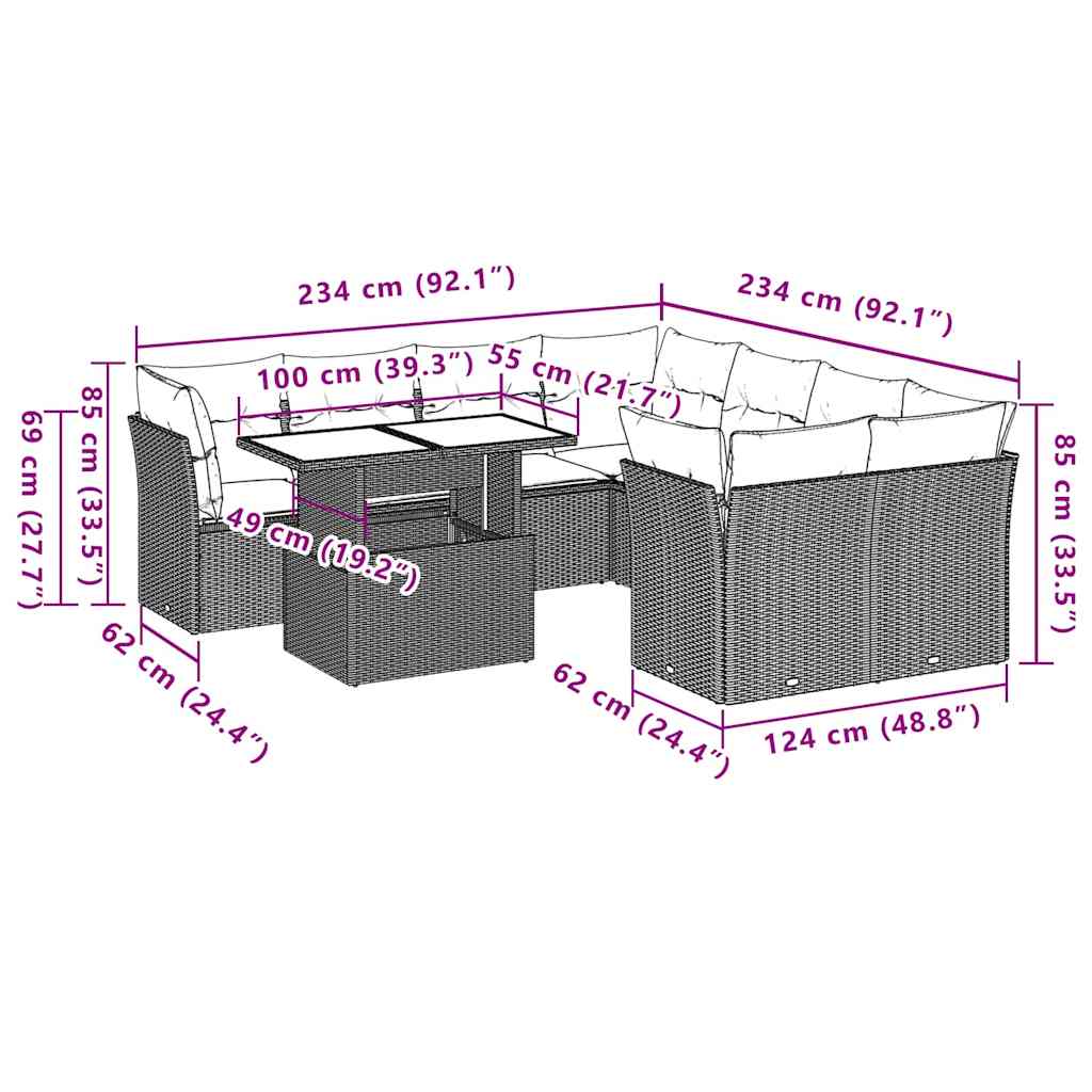 9-dijelni set vrtnih sofa s jastucima crni od poliratana Crna 100 x 55 x 73 cm