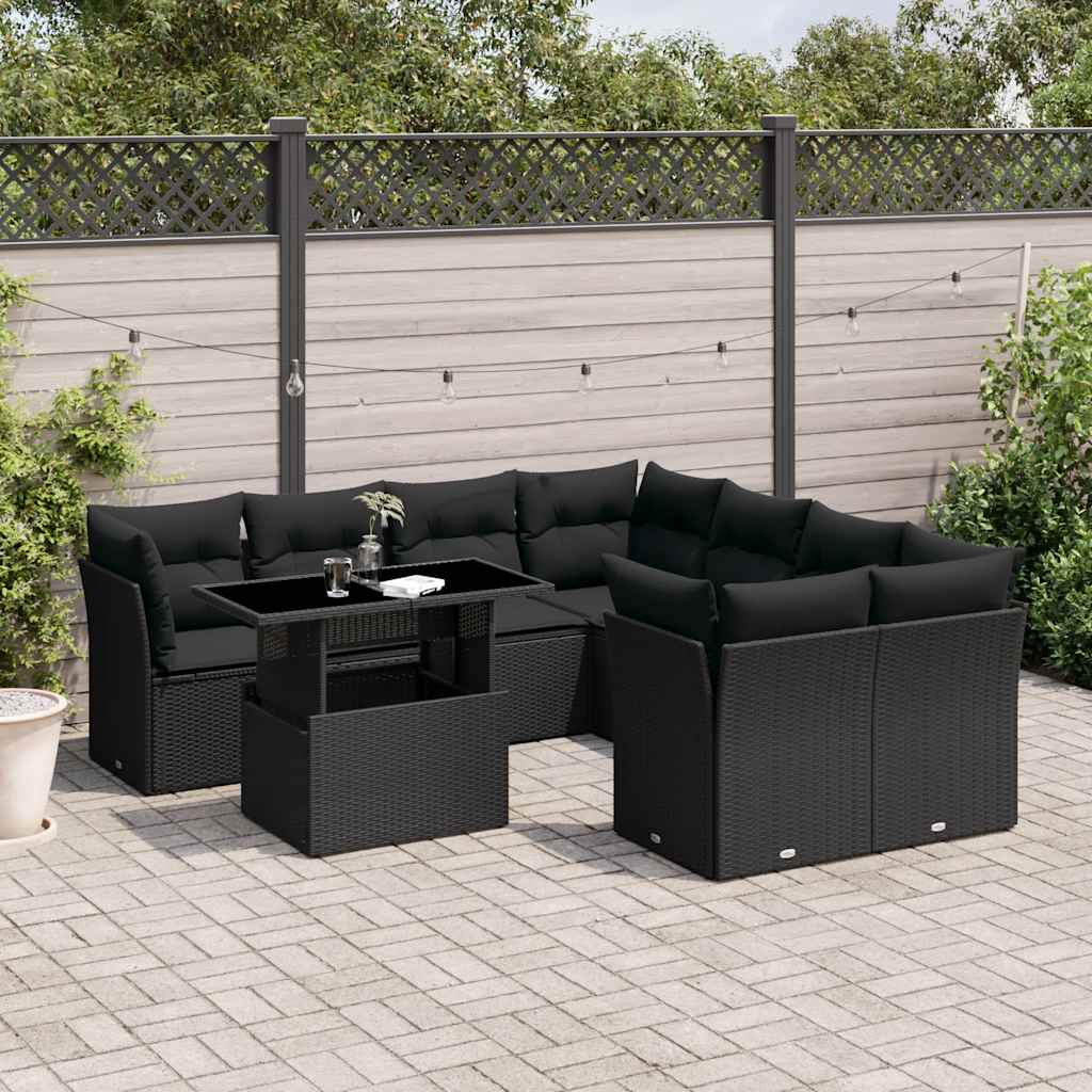 9-dijelni set vrtnih sofa s jastucima crni od poliratana Crna 100 x 55 x 73 cm