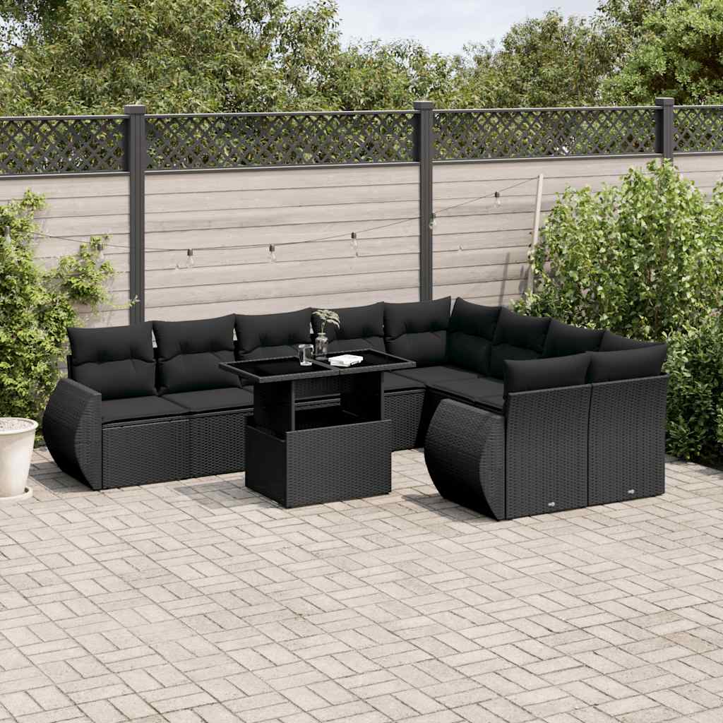 10-dijelni set vrtnih sofa s jastucima crni od poliratana Crna 100 x 55 x 73 cm