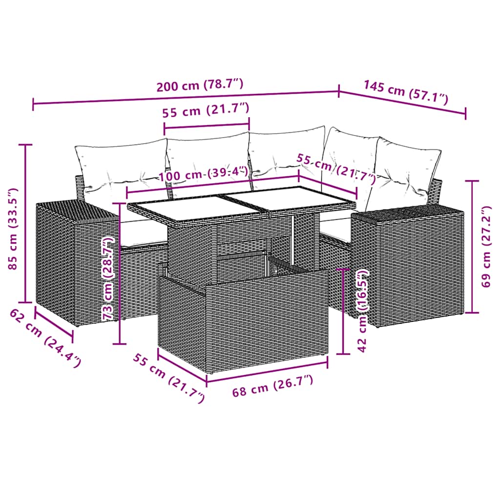 5-dijelna vrtna garnitura od poliratana s jastucima crna 100 x 55 x 73 cm