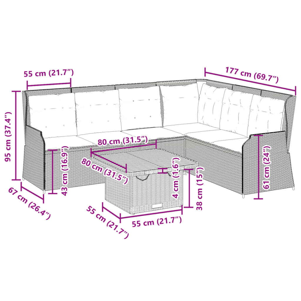 5-dijelna vrtna garnitura od poliratana s jastucima crna 80 x 80 x 71 cm
