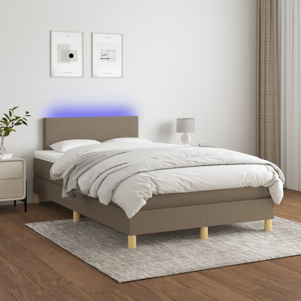 Krevet s oprugama i madracem LED smeđesivi 120x190cm od tkanine