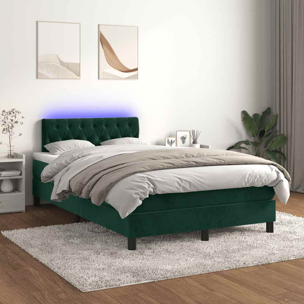 Krevet s oprugama i madracem LED tamnozelenim 120x190 cm baršun