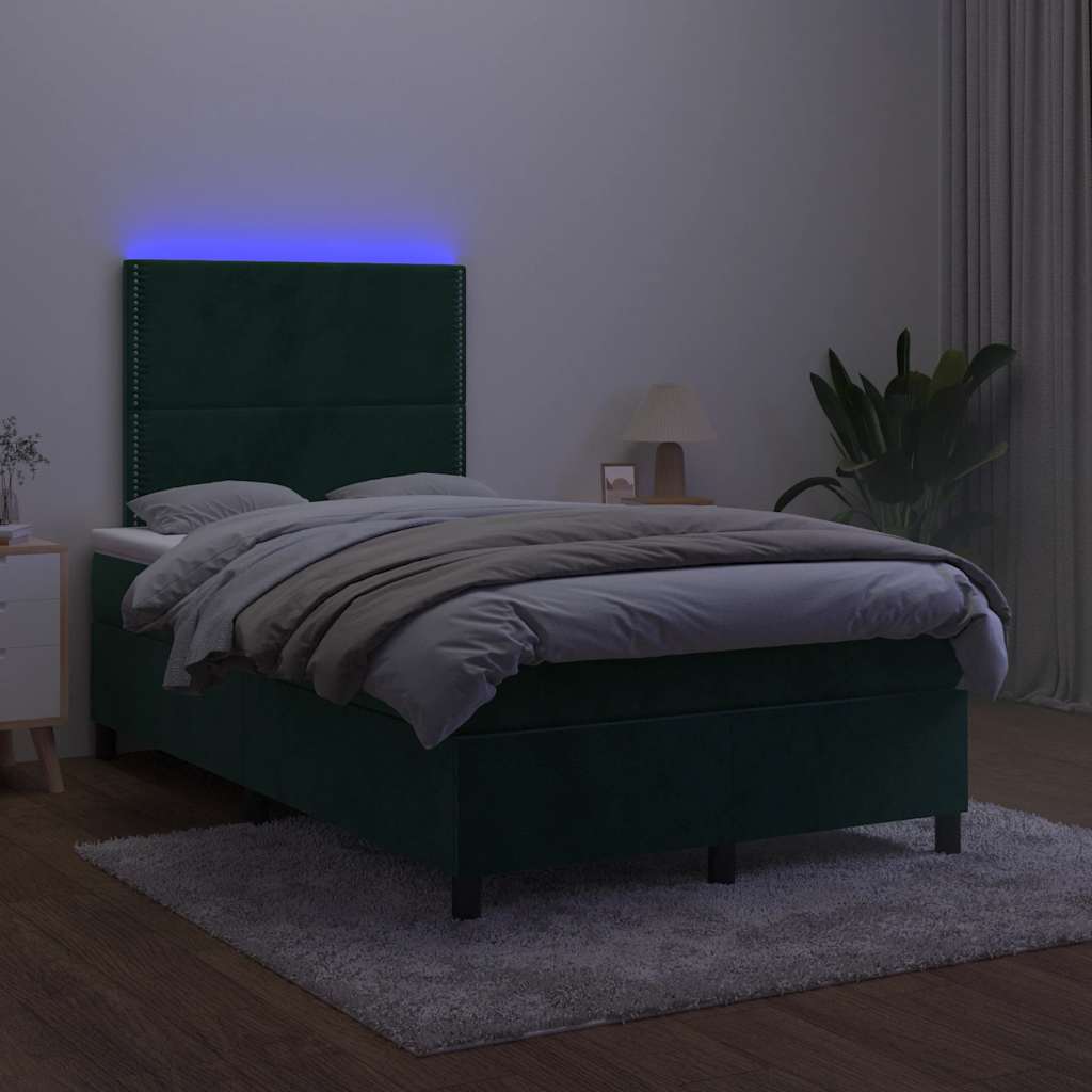 Krevet s oprugama i madracem LED tamnozelenim 120x190 cm baršun