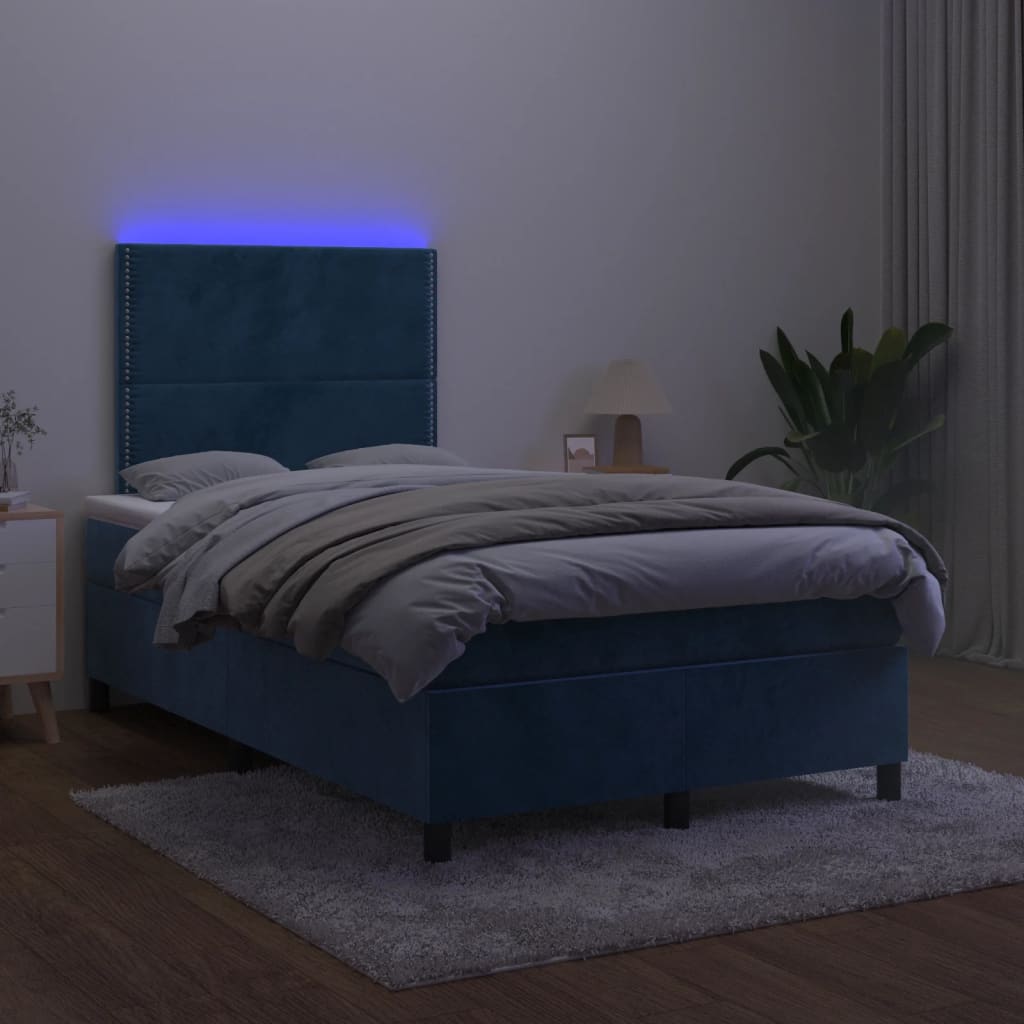 Krevet s oprugama i madracem LED tamnoplavi 120 x 190 cm baršun