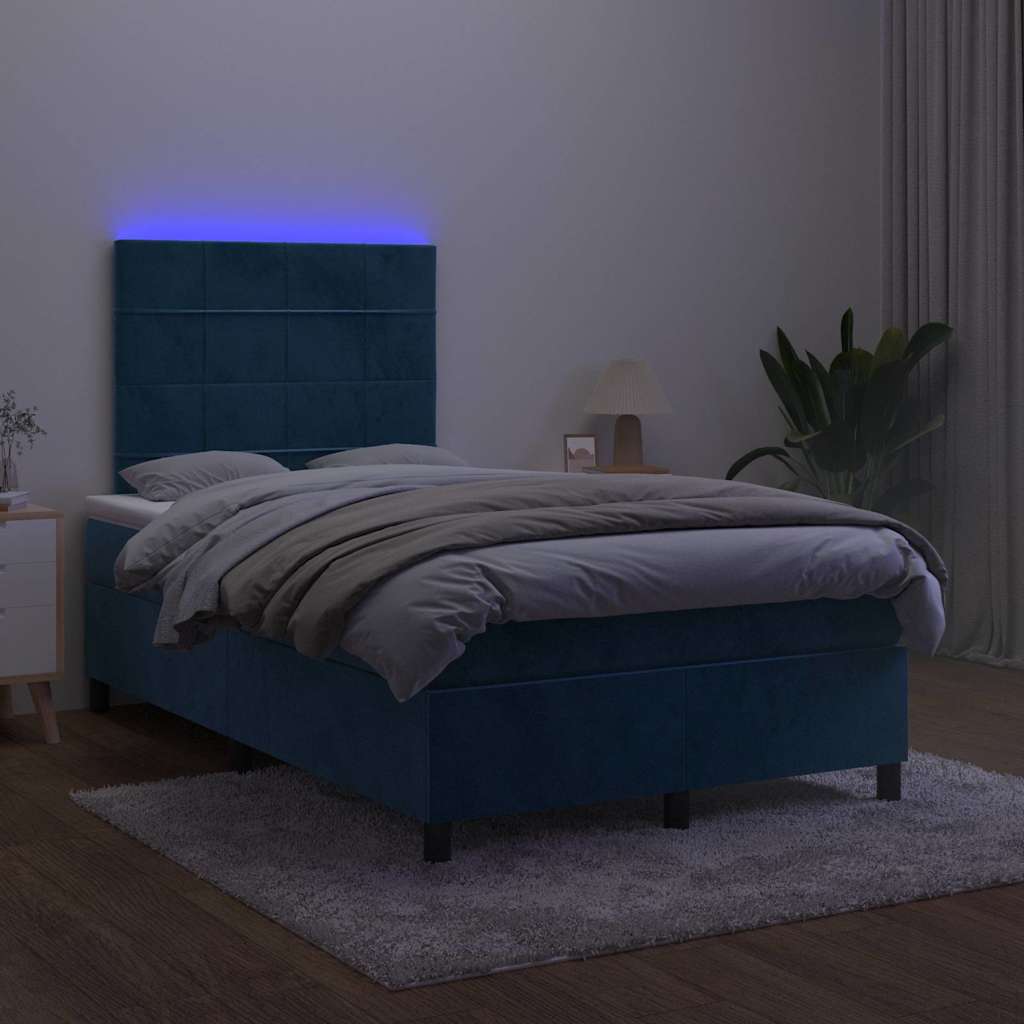 Krevet s oprugama i madracem LED tamnoplavi 120 x 190 cm baršun