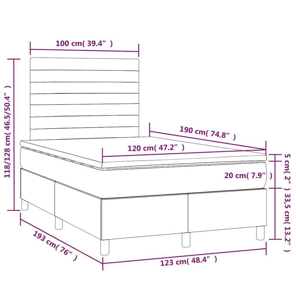 Krevet box spring s madracem LED svjetlosivi 120x190 cm tkanina