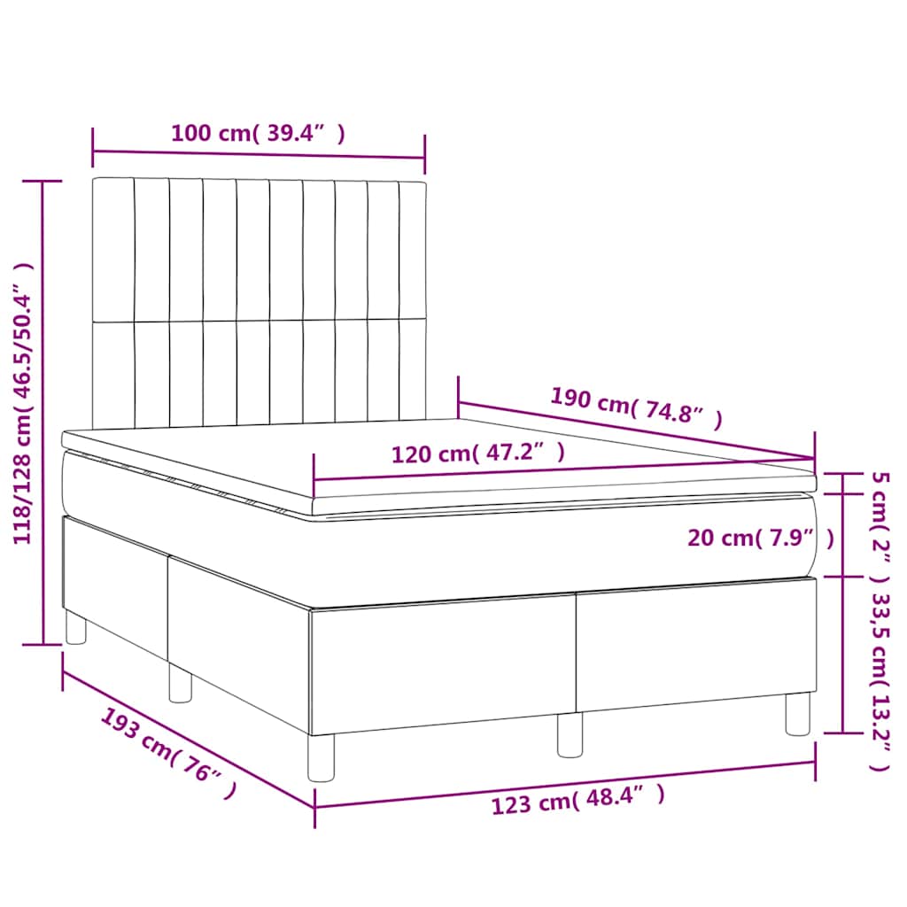 Krevet box spring s madracem LED svjetlosivi 120x190 cm tkanina