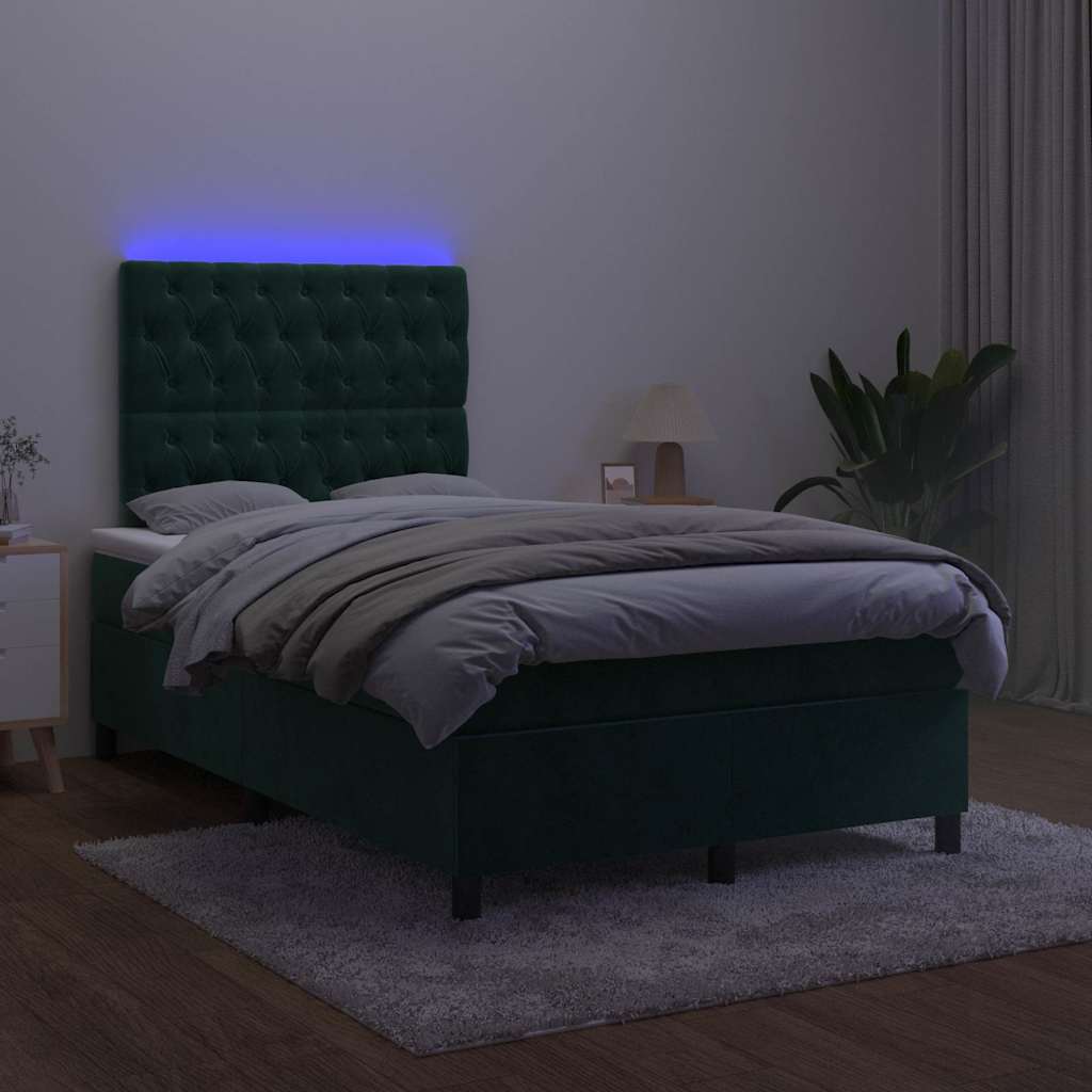 Krevet s oprugama i madracem LED tamnozelenim 120x190 cm baršun