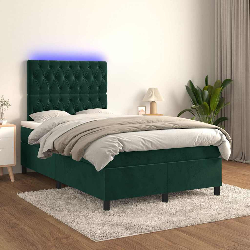 Krevet s oprugama i madracem LED tamnozelenim 120x190 cm baršun