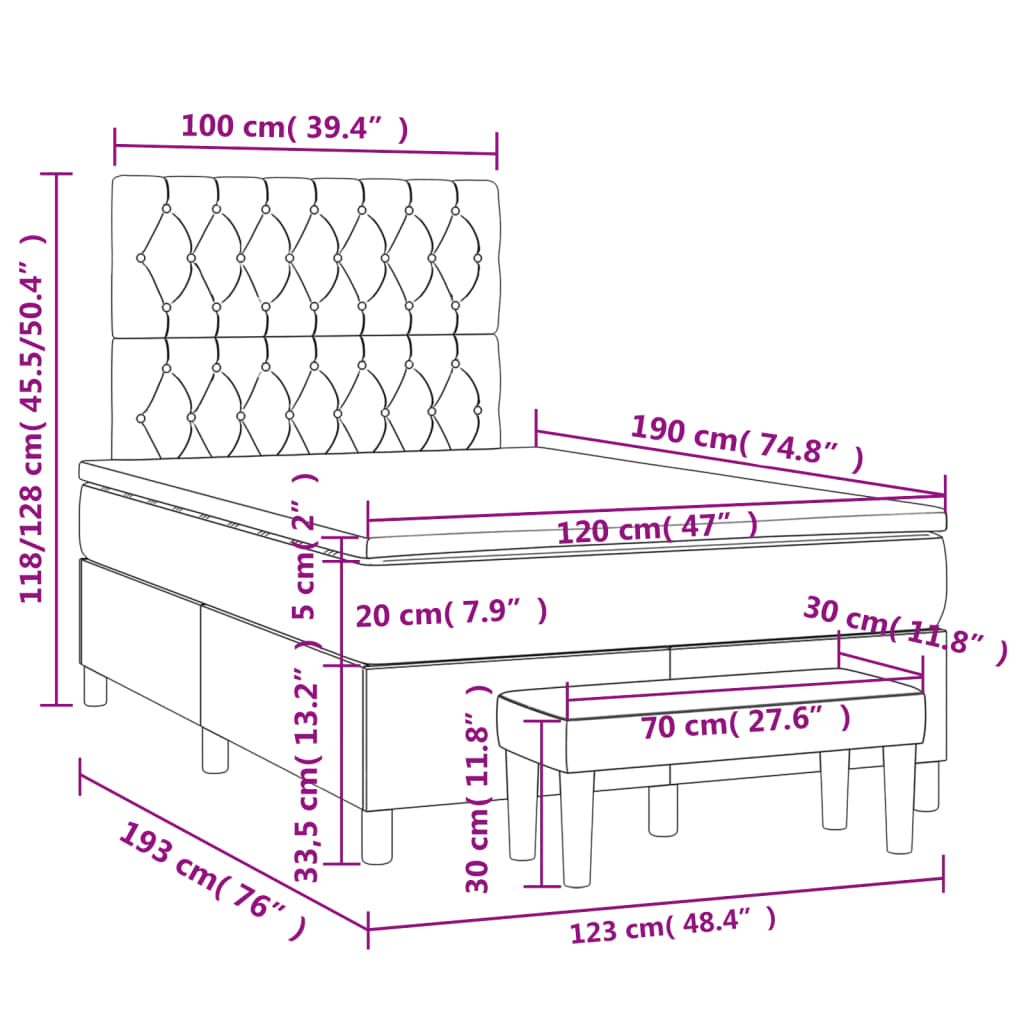Krevet box spring s madracem tamnosmeđi 120 x 190 cm od tkanine