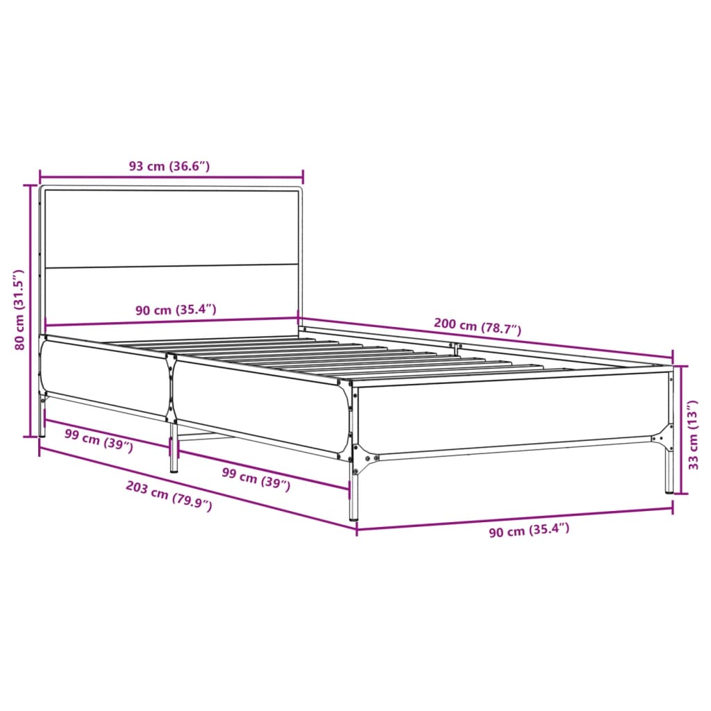 Okvir za krevet smeđi hrast 90x200 cm konstruirano drvo i metal