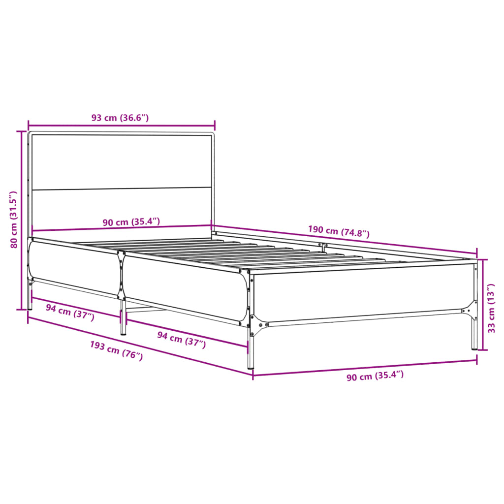 Okvir za krevet smeđi hrast 90x190 cm konstruirano drvo i metal
