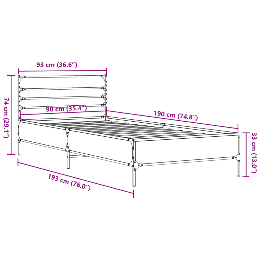 Okvir krevet boja hrasta 90 x 190 cm konstruirano drvo i metal