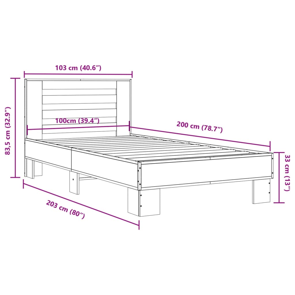 Okvir za krevet crni 100x200 cm konstruirano drvo i metal