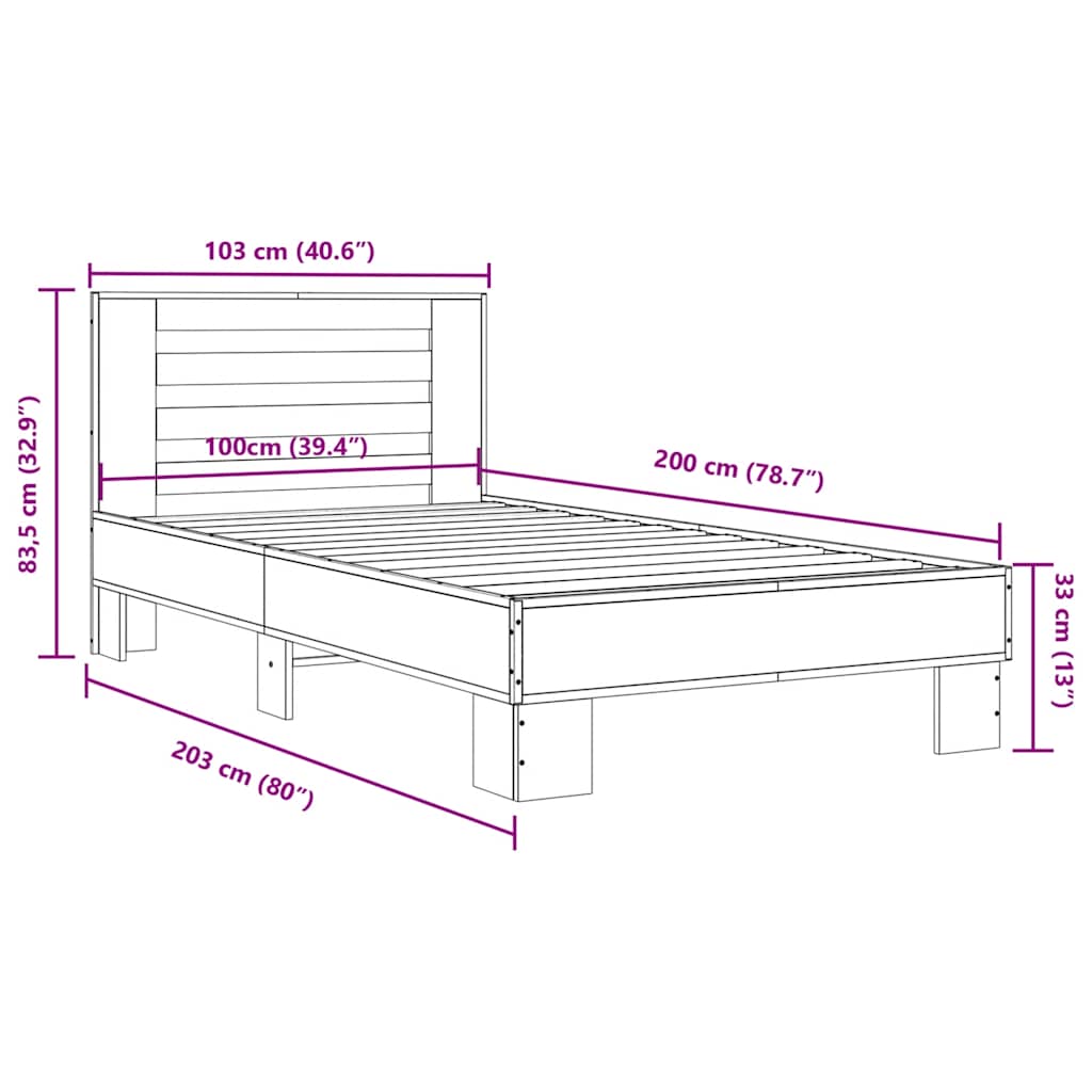 Okvir za krevet boja hrasta 100x200cm konstruirano drvo i metal Siva 100 x 200 cm