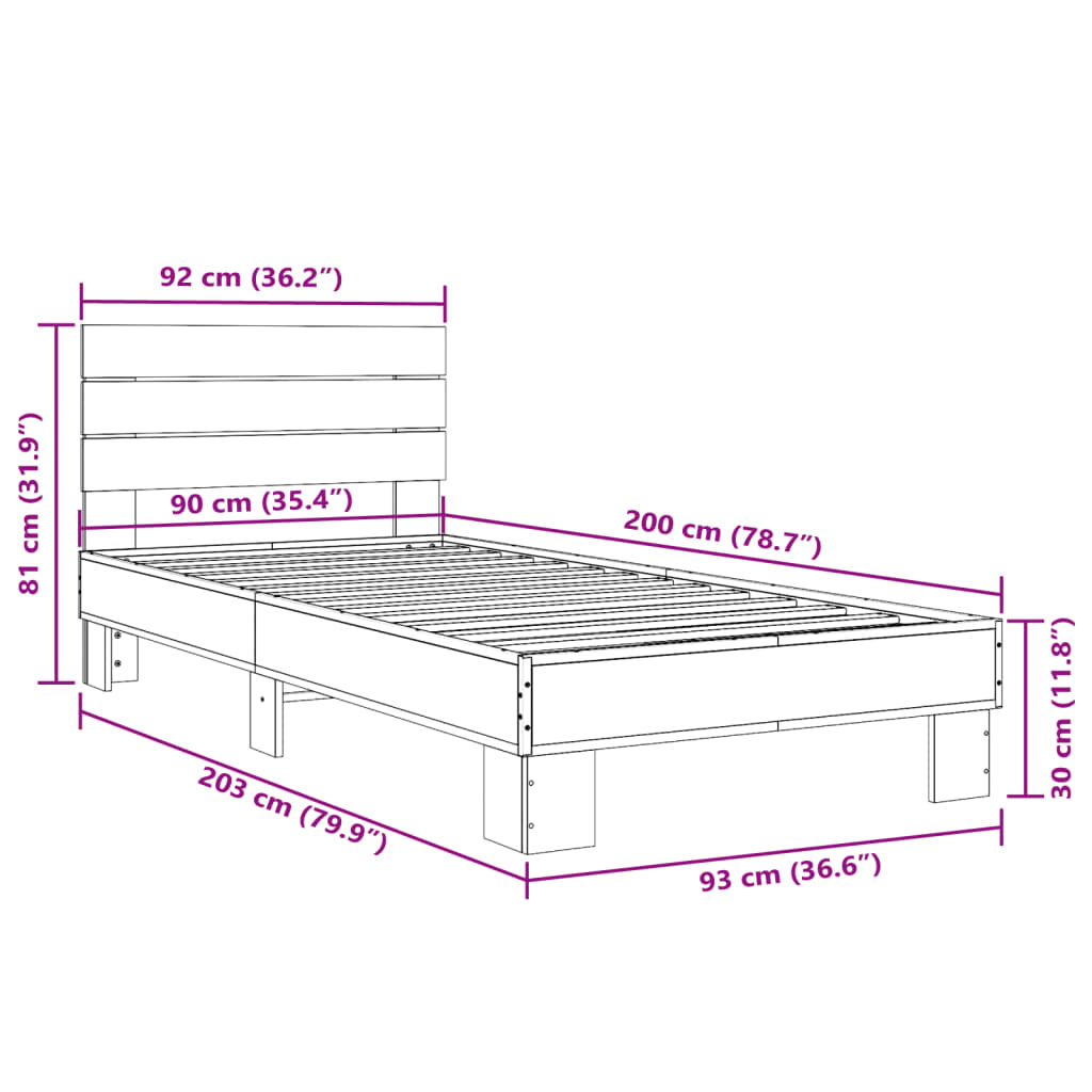 Okvir za krevet boja hrasta 90x200 cm konstruirano drvo i metal
