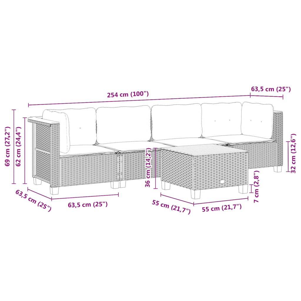 5-dijelni vrtni set sofa s jastucima bež od poliratana 55 x 55 x 36 cm