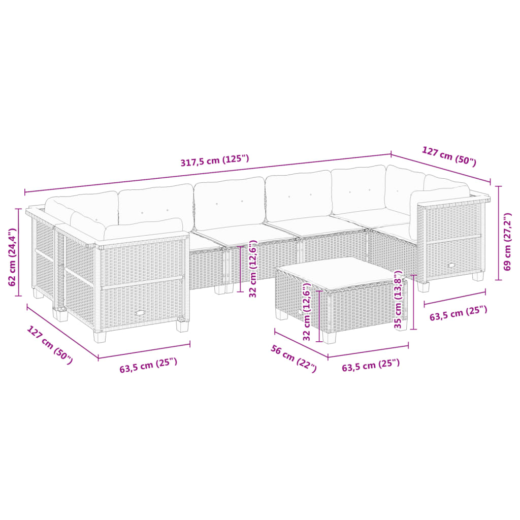 8-dijelni set vrtnih sofa od poliratana s jastucima crni Crna 63.5 x 56 x 32 cm