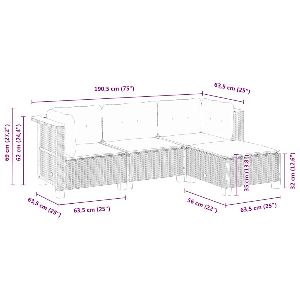 4-dijelni set vrtnih sofa od poliratana s jastucima crni