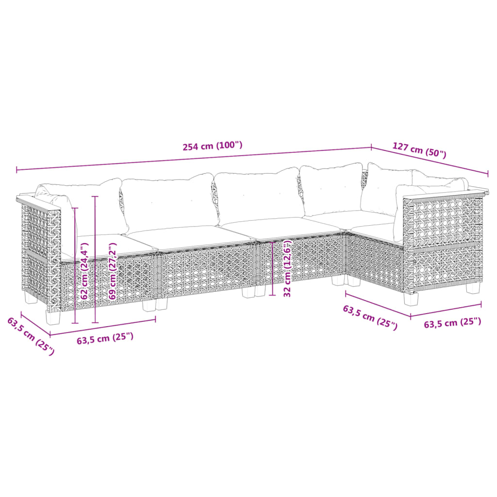 5-dijelna vrtna garnitura od poliratana s jastucima crna