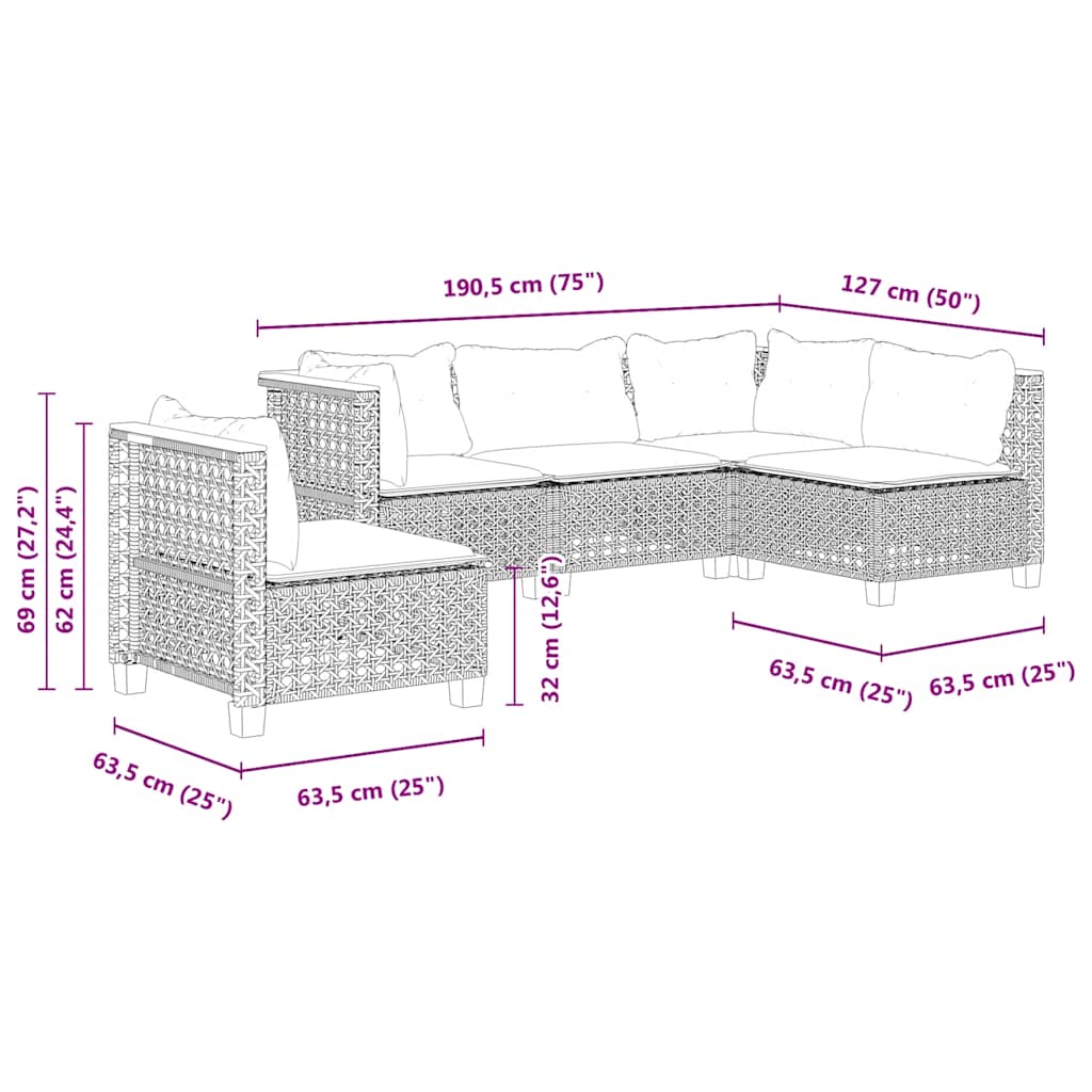 5-dijelni vrtni set sofa s jastucima bež od poliratana