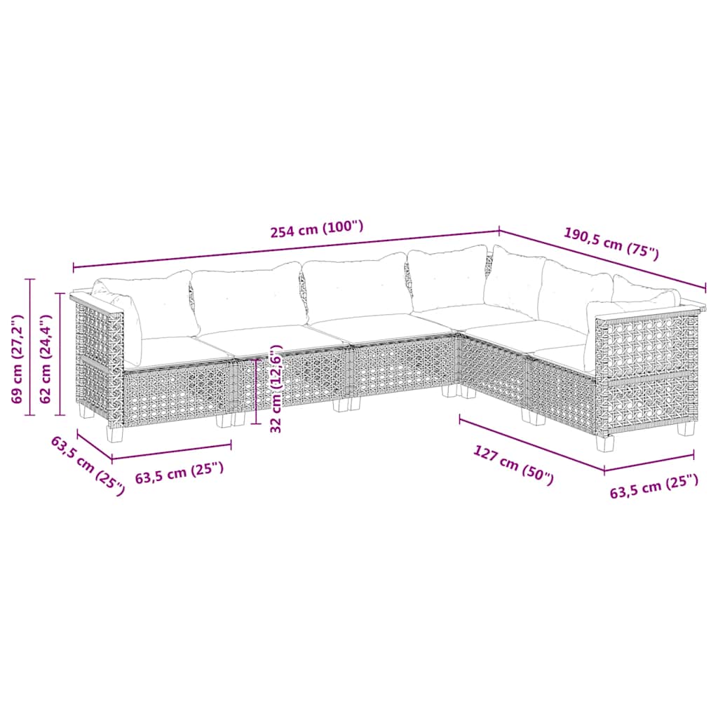 6-dijelni set vrtnih sofa s jastucima bež od poliratana 63.5 x 63.5 x 62 cm