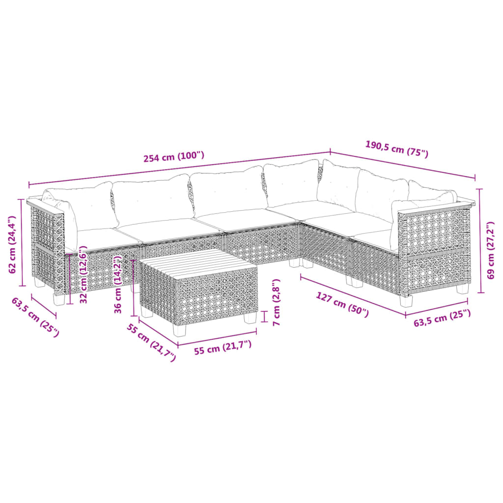7-dijelni set vrtnih sofa od poliratana s jastucima crni Crna 55 x 55 x 36 cm