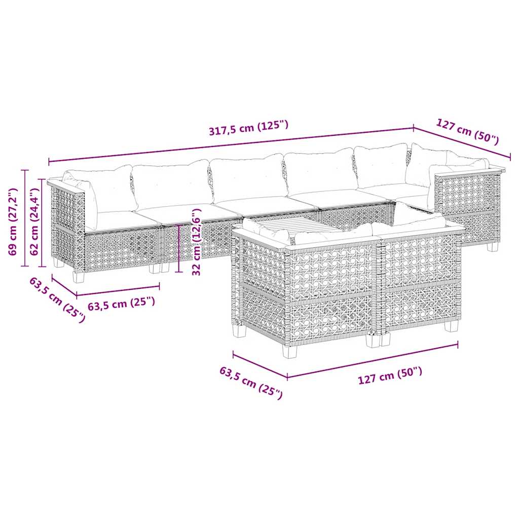 9-dijelni set vrtnih sofa s jastucima bež od poliratana 55 x 55 x 36 cm