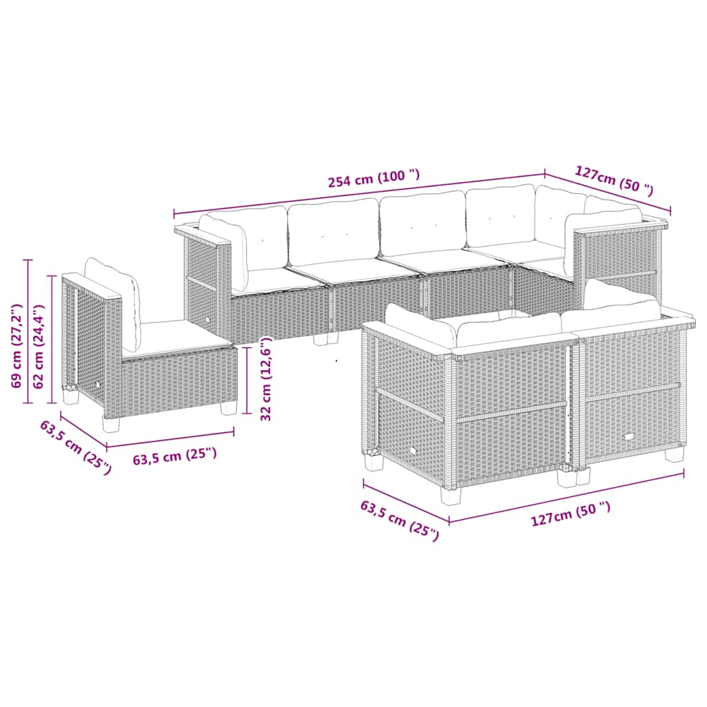 8-dijelni set vrtnih sofa od poliratana s jastucima crni Crna 63.5 x 63.5 x 62 cm